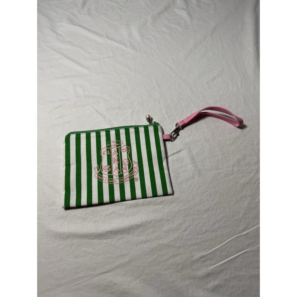 Alpha Kappa Alpha AKA Sorority Travel Cosmetic Bag Green White Pink Striped Bag